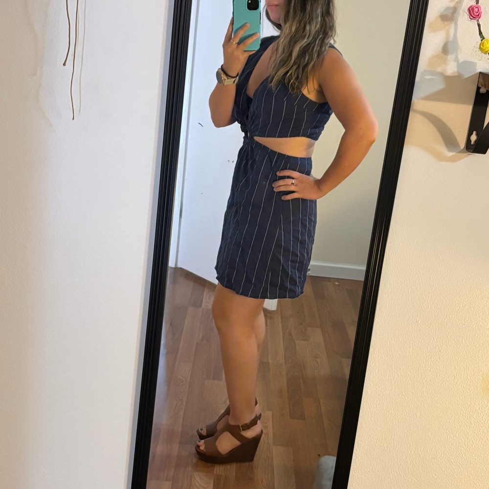 Lulus Navy Striped Linen Cutout O-Ring Mini Dress - Picture 4 of 5